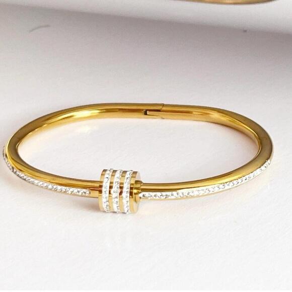 18K Gold Plated Rhinestones Bangle Stainless Steel Bracelet Womens Jewelry Gift - Picture 5 of 8